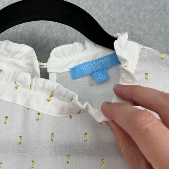 Draper James Womens Clip Dot Blouse Top Size L White Gold Metallic Ruffle Modest - Picture 6 of 14